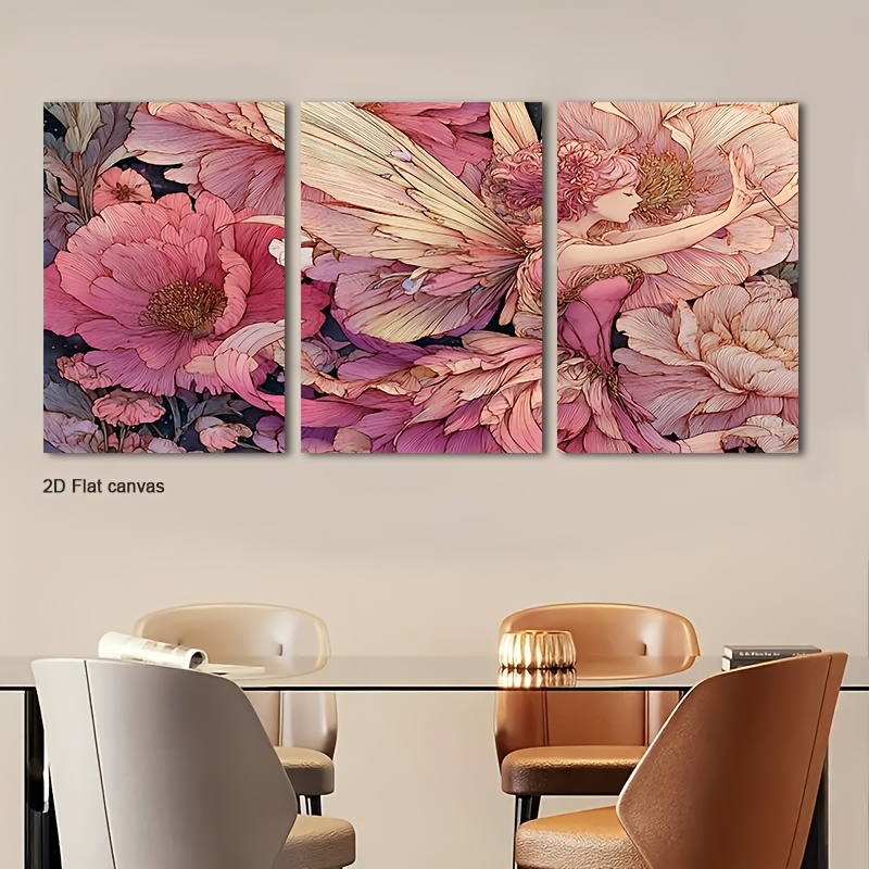 Canvas Wrap Ready - Frameloos canvas 3-delig ingelijst pioenbloemen wandkunstwerk